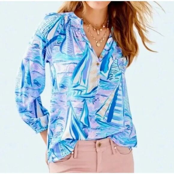 Lilly Pulitzer Elsa Silk Top Light Lilac Verbena Aboat Time Size Small-MSRP $158 - Picture 1 of 9